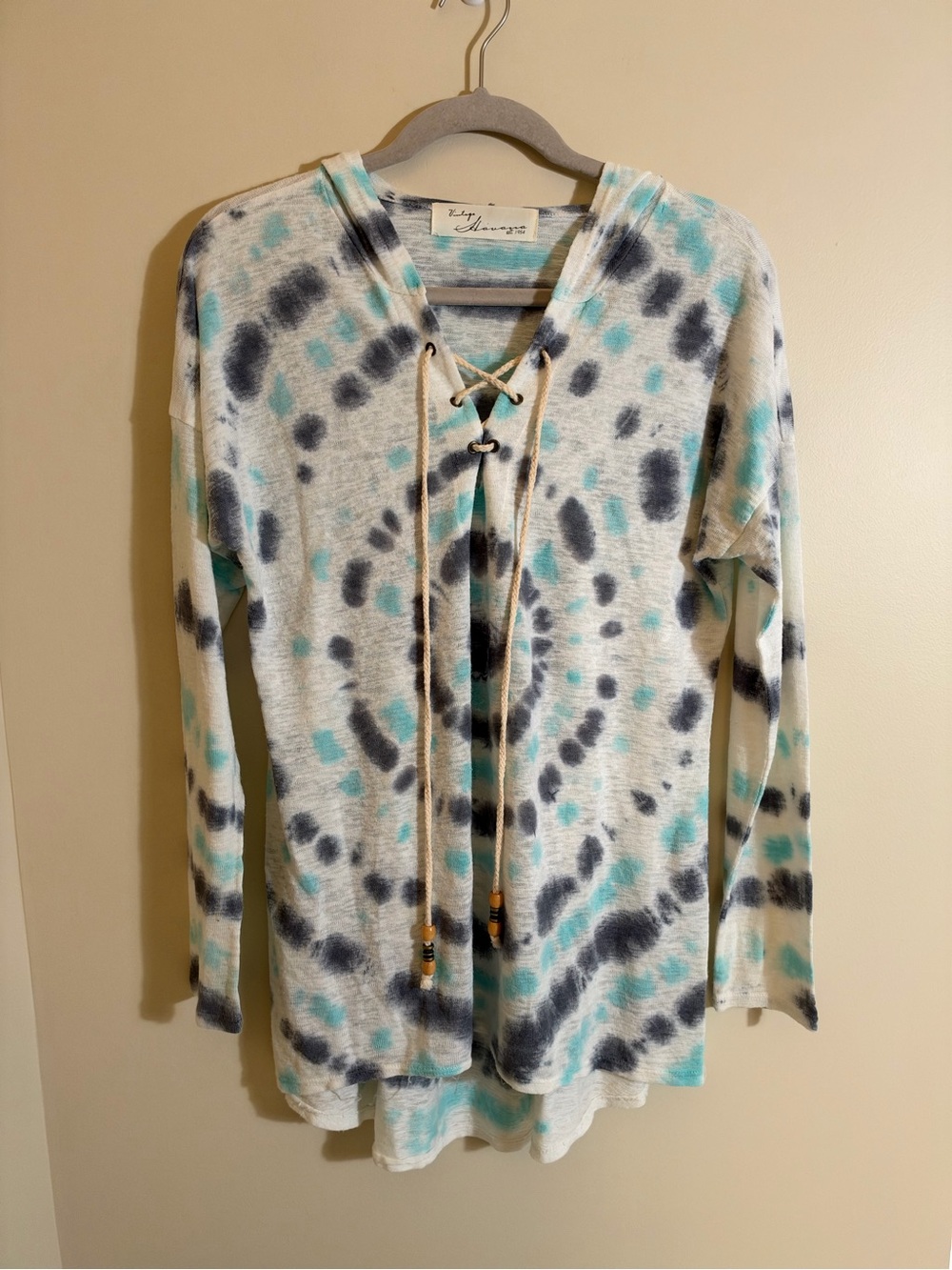 Vintage Havana Tie-Dye Lace-Up Long Sleeve Hodded Casual Top - Blue/Gray Small